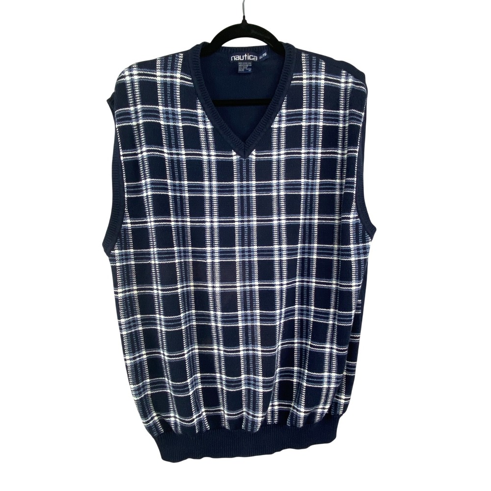 Nautica Mens Sweater Vest XL Navy Blue Plaid Cotton V-Neck Preppy Coastal